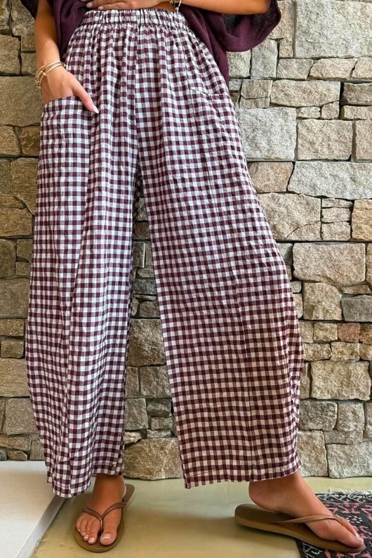 Nonni Gingham Relaxed Barrel Pant Aubergine